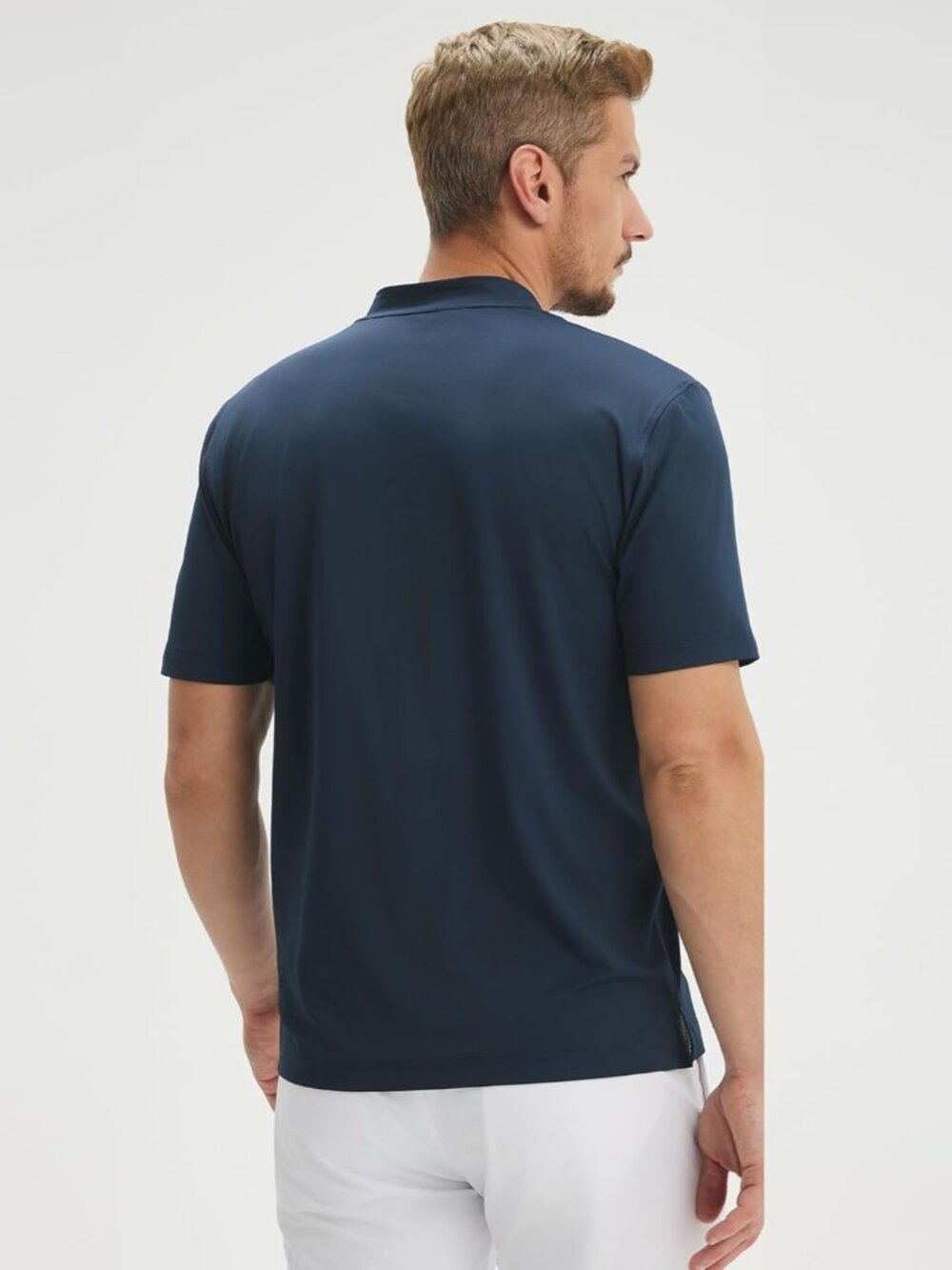 Mens Navy Collarless Golf Shirt Short Sleeve Dry Fit Moisture Wicking Henley Tee - Picture 4 of 6